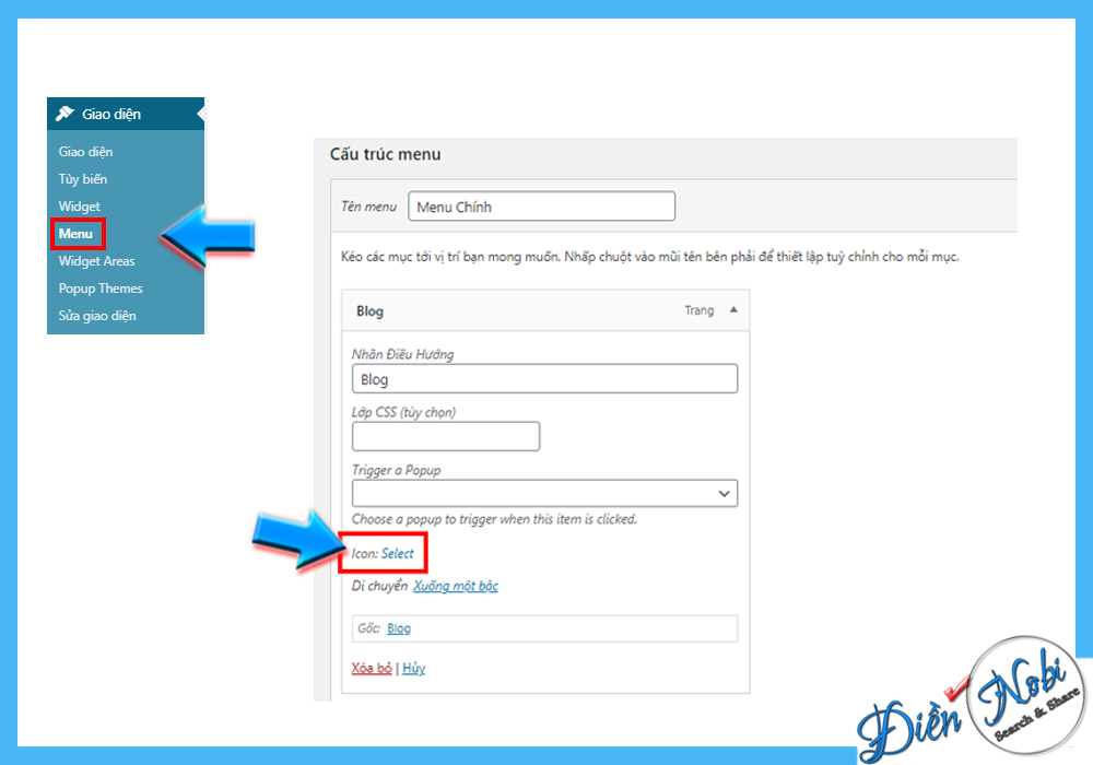 Vào Menu chọn icon cho Chuyên mục